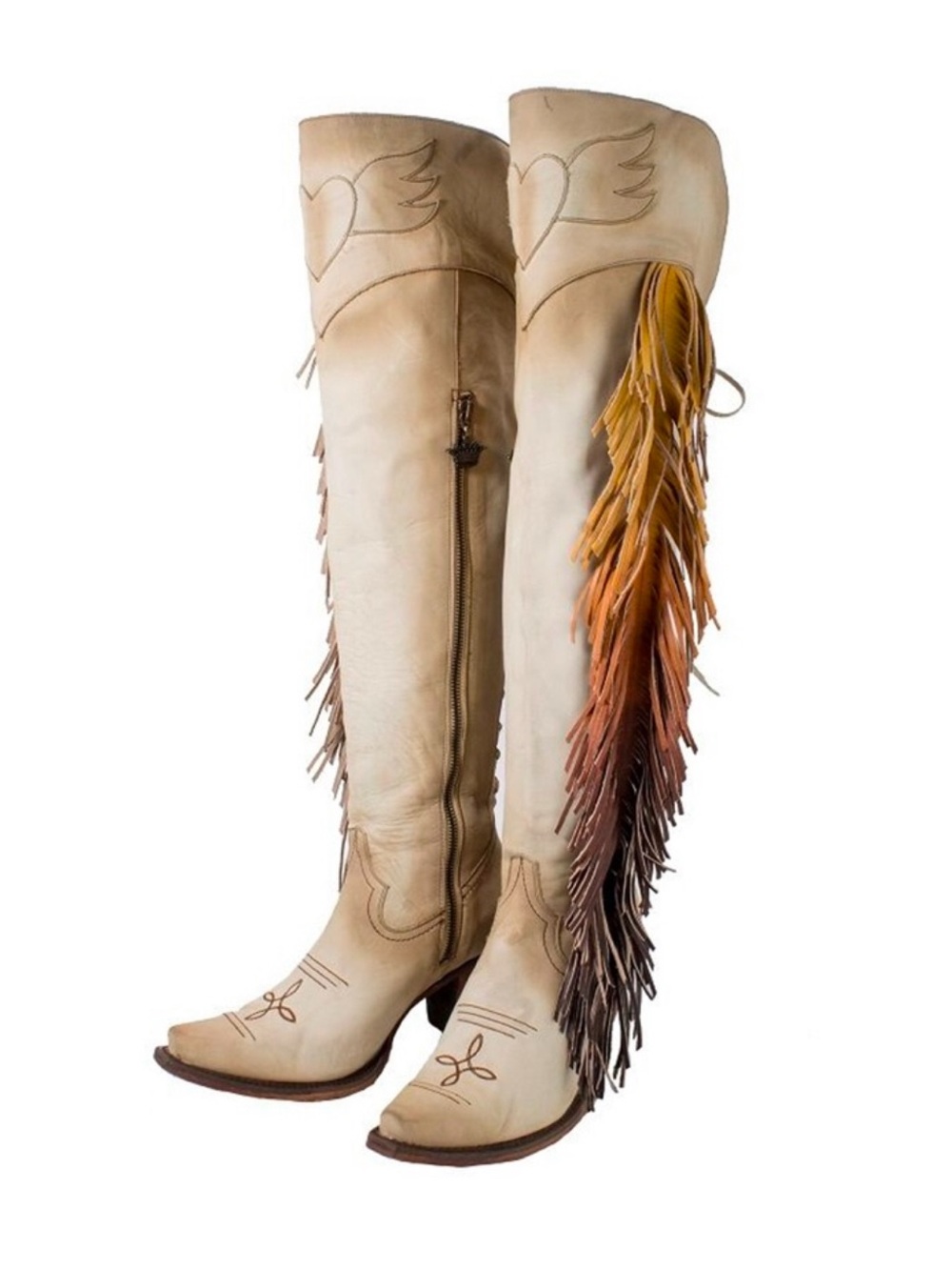 Over-the-Knee Cream Western Boots with Ombre Fringe
